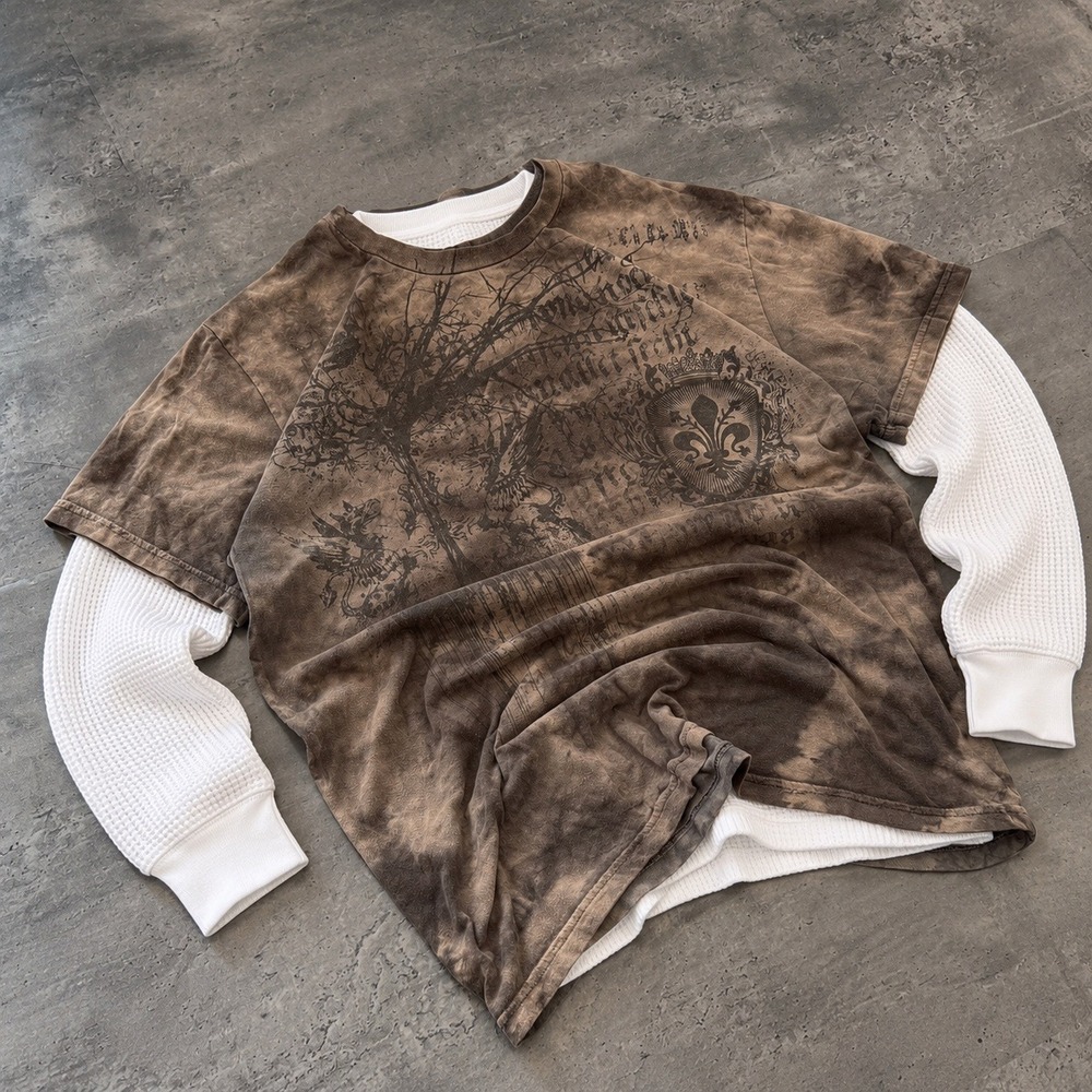 Vintage VTG Y2K 2000's 00's Affliction Style Grunge Graphic T Shirt Brown